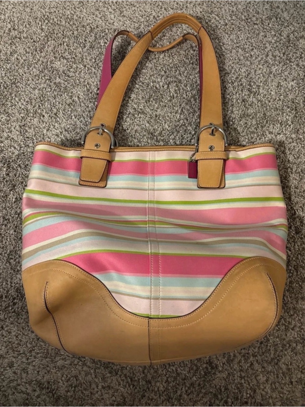 Coach Soho Striped Hamptons Canvas Tote Bag with Tan Leather Trim